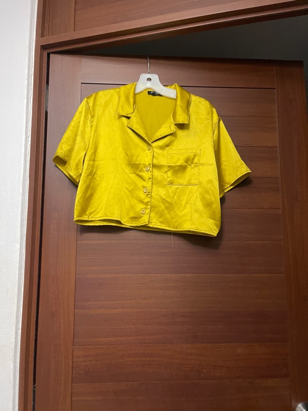 Yellow Satin Cropped Button-Up Top